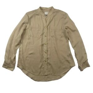 Chicos Gold Satin Button Up Shirt Blouse L/S Semi Sheer Sz M/8 (Chico Sz 1)